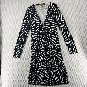 Tory Burch Black and White Leaf-Print Long-Sleeve V-Neck Dress